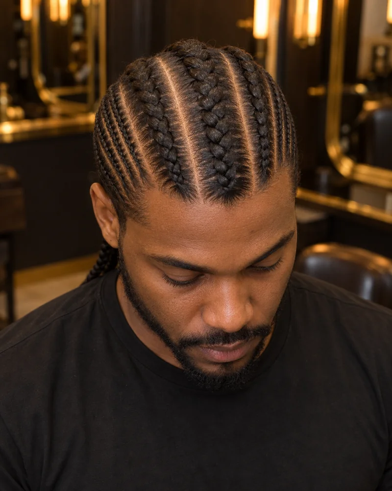 Hombre con tres cornrows centrales gruesas y filas finas a ambos lados.