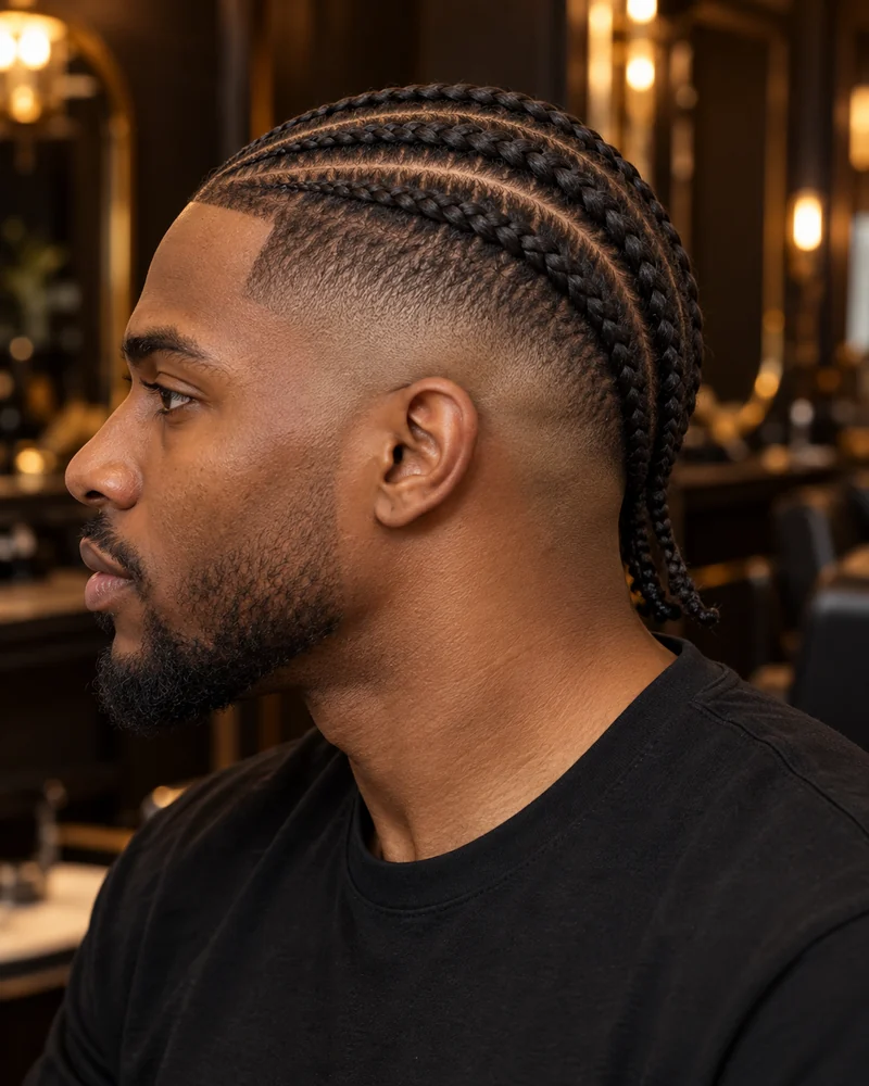 Hombre de perfil con cornrows arriba y un degradado visible en los laterales.