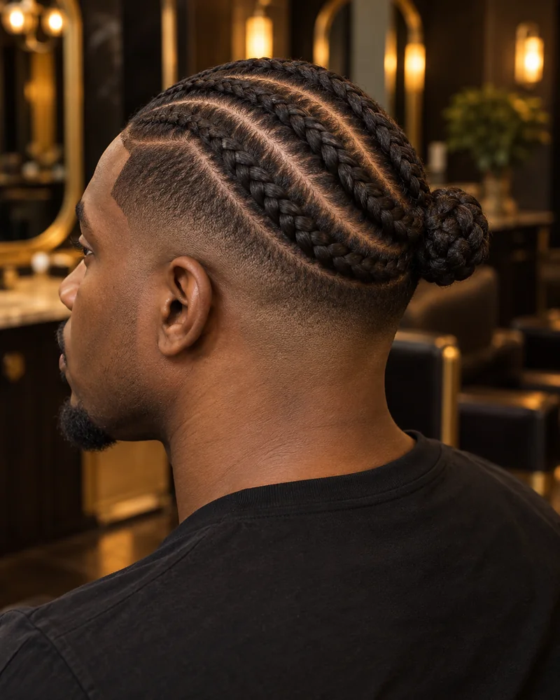 Hombre con degradado lateral y cornrows curvadas recogidas en un mo&ntilde;o trasero.