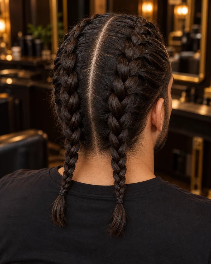 Dos trenzas de ra&iacute;z en un hombre, con raya central y puntas sueltas en la nuca.