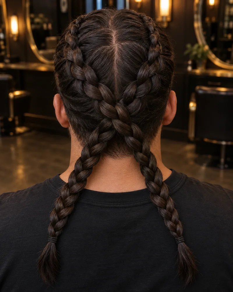 Dos trenzas de ra&iacute;z en un hombre que se cruzan en X detr&aacute;s de la cabeza.