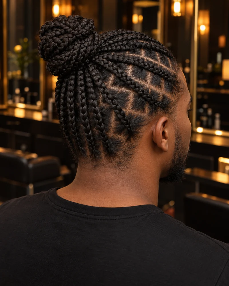 Hombre con box braids largas recogidas en un mo&ntilde;o, visto desde atr&aacute;s y de lado.