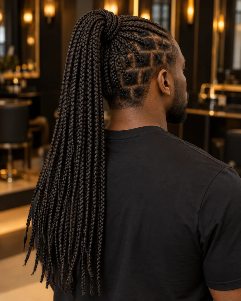 Hombre visto desde atr&aacute;s con trenzas largas recogidas en una coleta alta.