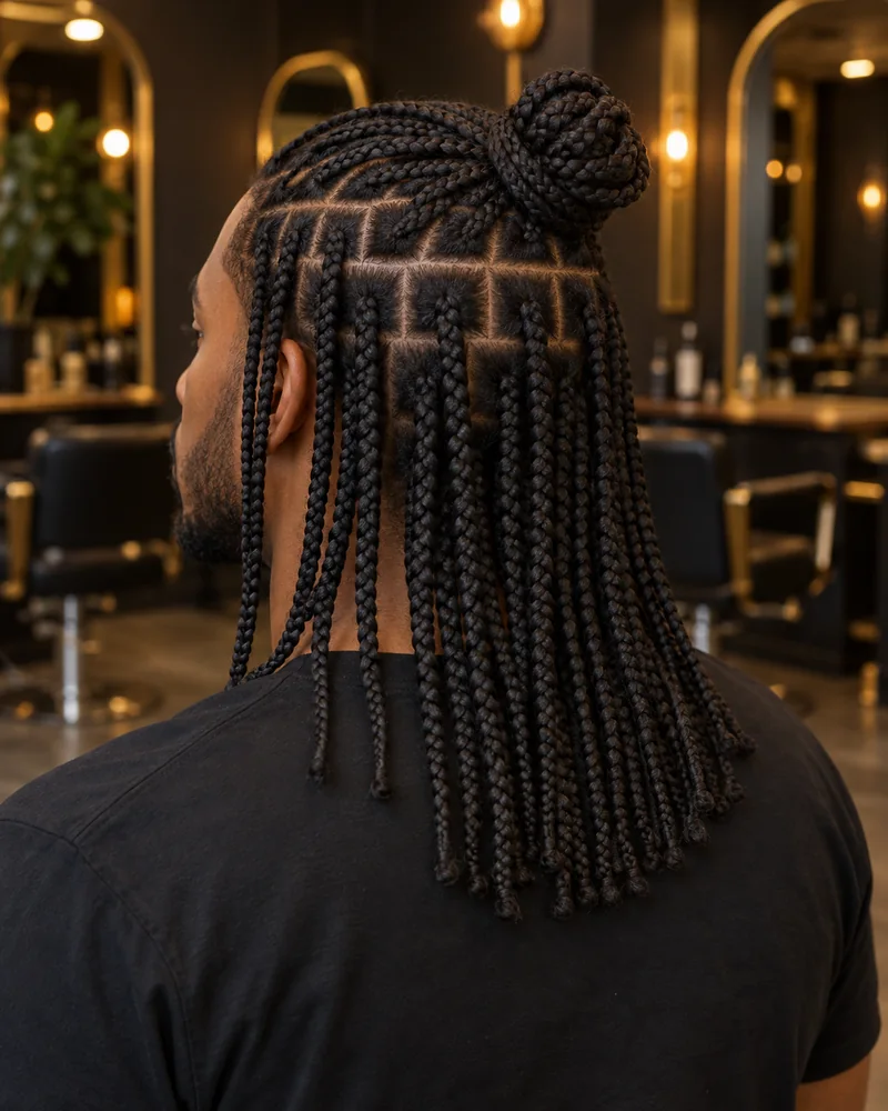 Semirecogido masculino con mo&ntilde;o superior y trenzas individuales sueltas por la nuca.