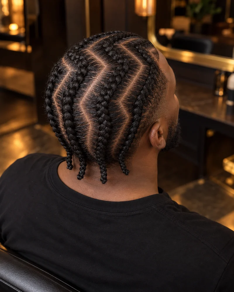 Dise&ntilde;o de cornrows en un hombre con particiones en zigzag vistas desde arriba y detr&aacute;s.