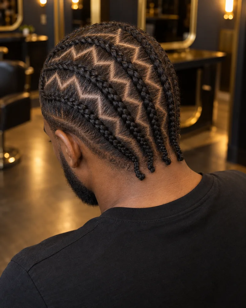 Cornrows de hombre en abanico con separaciones en zigzag, vistas desde atrás.