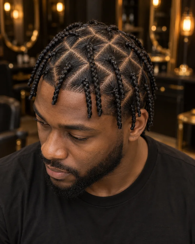 Vista superior de trenzas individuales de hombre con particiones en forma de rombo.