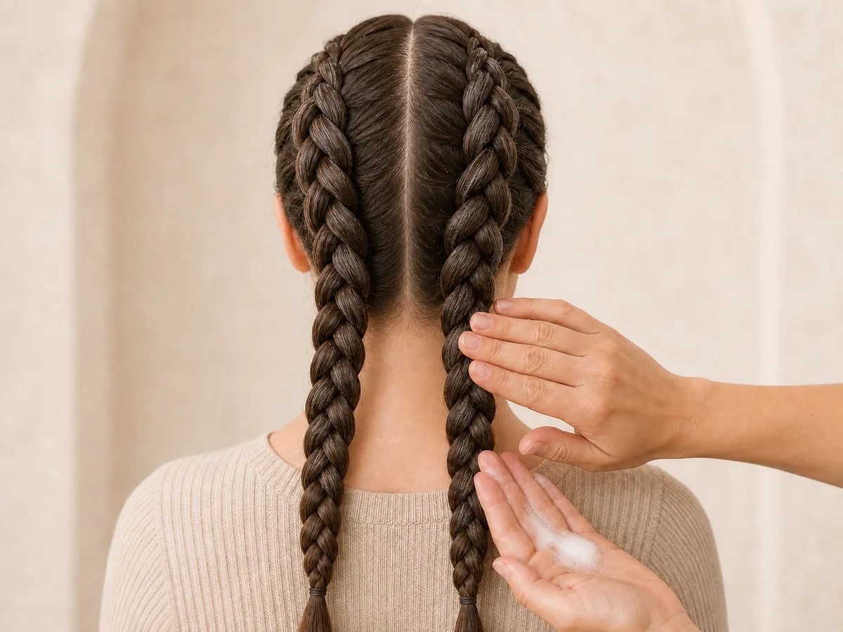 Hands smoothing a light layer of mousse over two scalp braids