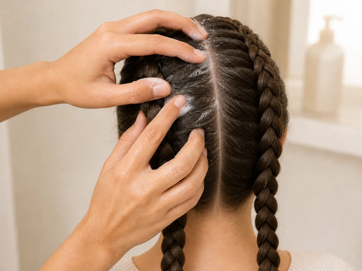 Fingertips gently massaging the parting between two scalp braids
