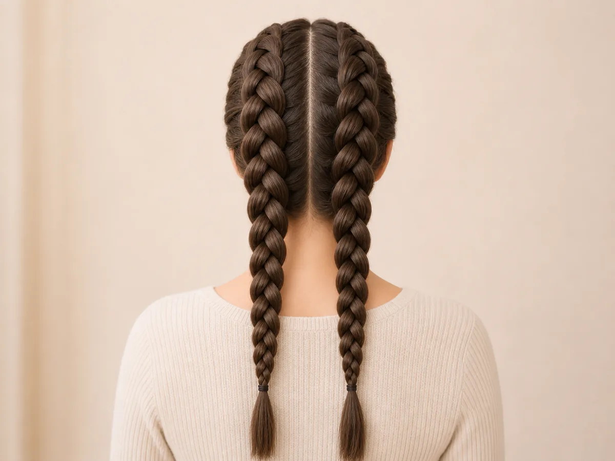 Two finished scalp braids separated by a centre part