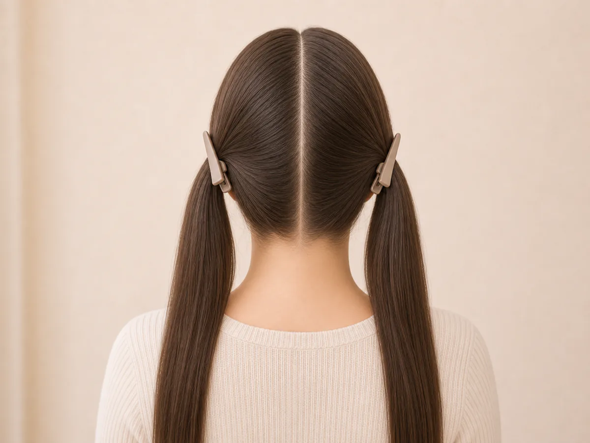 Raya central que divide el cabello en dos mitades sujetas con pinzas