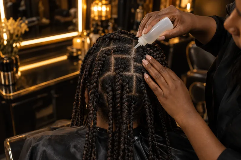 Aplicaci&oacute;n de champ&uacute; con boquilla entre las box braids.