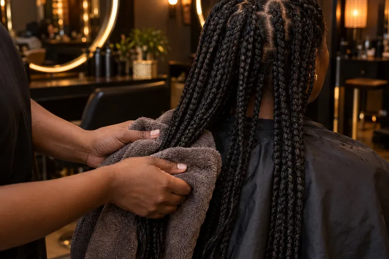 Manos presionando las trenzas con una toalla sin retorcerlas.
