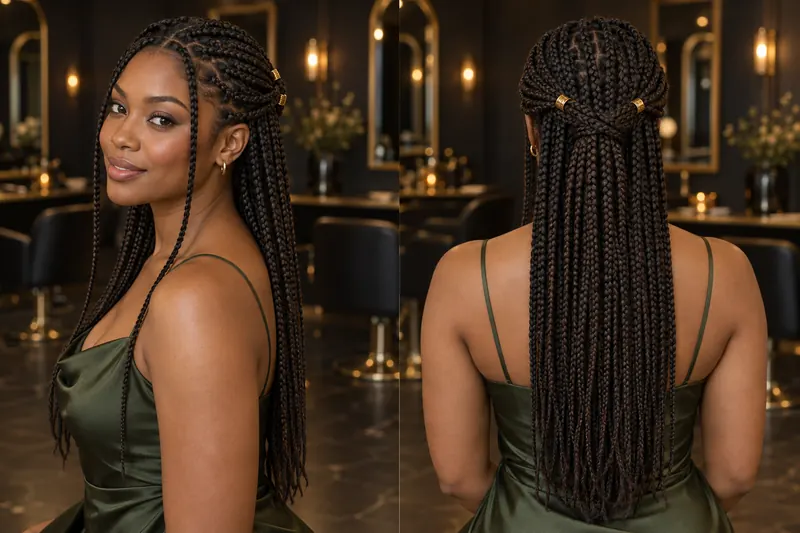 Box braids semirrecogidas con dos adornos dorados, vistas de tres cuartos y por detr&aacute;s sobre un vestido verde.