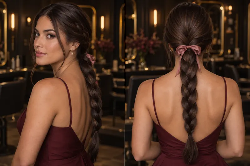 Coleta baja trenzada con lazo rosa, vista de tres cuartos y por detr&aacute;s sobre un vestido granate.
