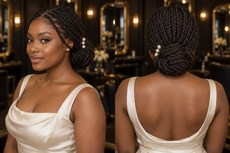 Trenzas knotless recogidas en un mo&ntilde;o bajo con tres perlas, vistas de tres cuartos y por detr&aacute;s.