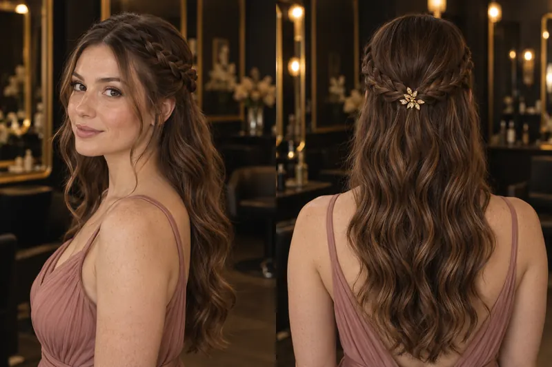 Semirrecogido de trenzas laterales con ondas casta&ntilde;as y pasador dorado, visto de tres cuartos y por detr&aacute;s.