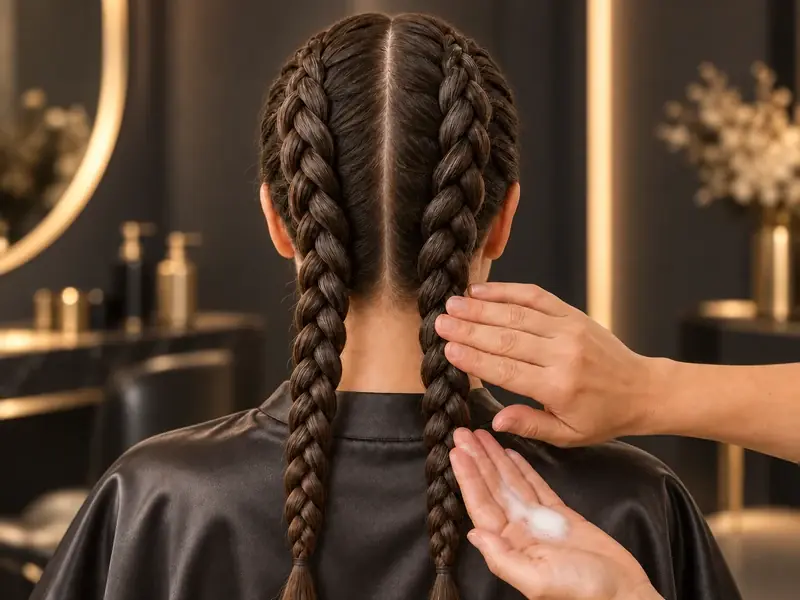 Aplicaci&oacute;n de espuma de peinado sobre dos trenzas de ra&iacute;z ya terminadas