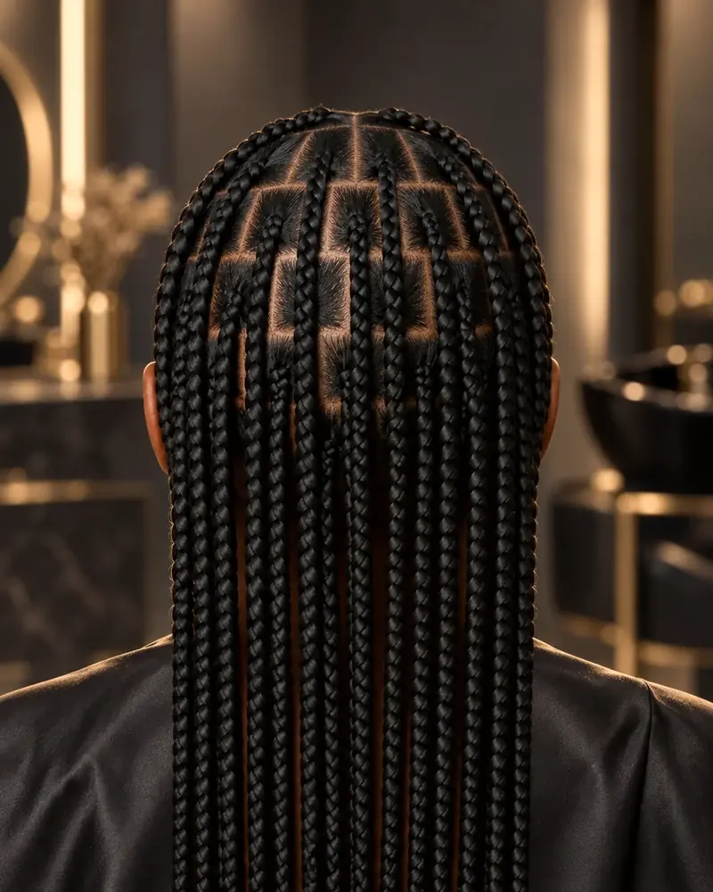 Cuero cabelludo con particiones de box braids en patr&oacute;n de ladrillo, con filas de secciones desplazadas que no alinean sus rayas verticales