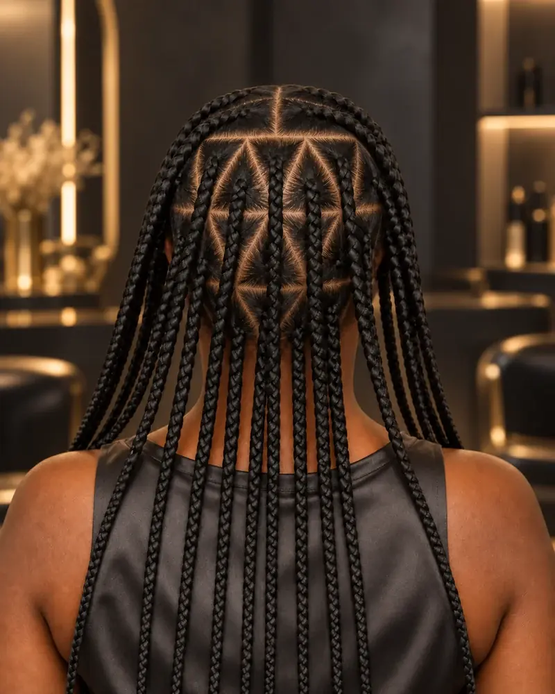 Box braids medianas vistas desde atr&aacute;s, con particiones triangulares en mosaico y una trenza naciendo en cada secci&oacute;n