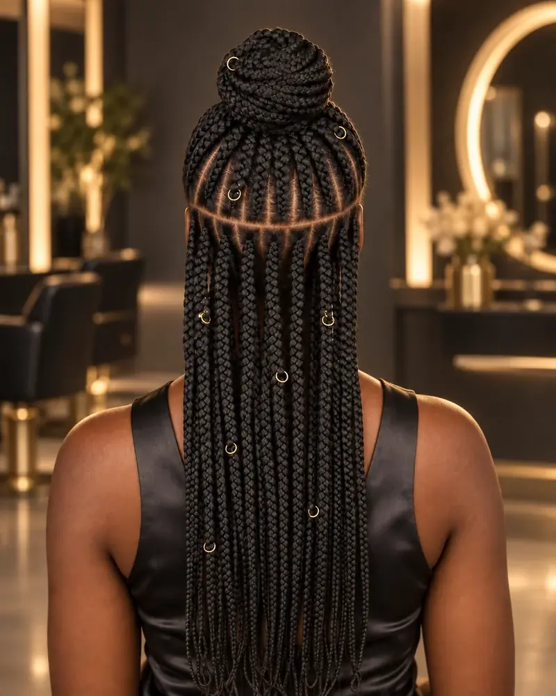 Box braids medianas en semirrecogido con mo&ntilde;o alto en la coronilla, mitad inferior suelta por la espalda y anillas met&aacute;licas decorativas