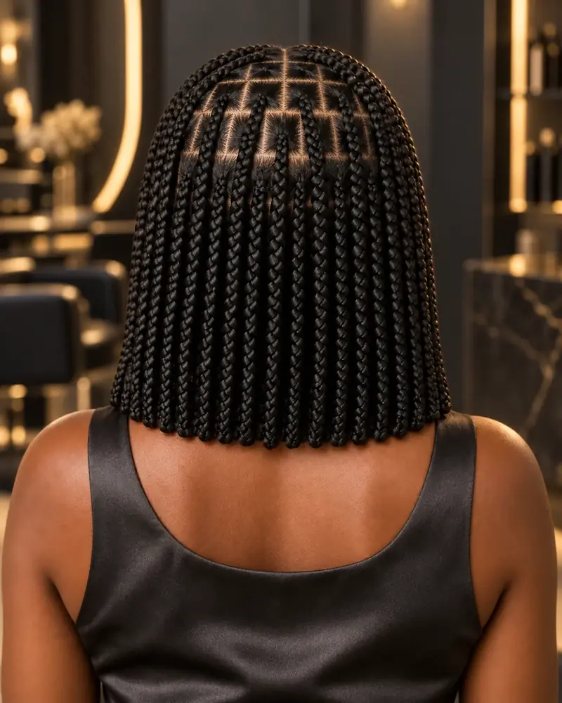 Bob de box braids medianas con particiones cuadradas y largo a los hombros
