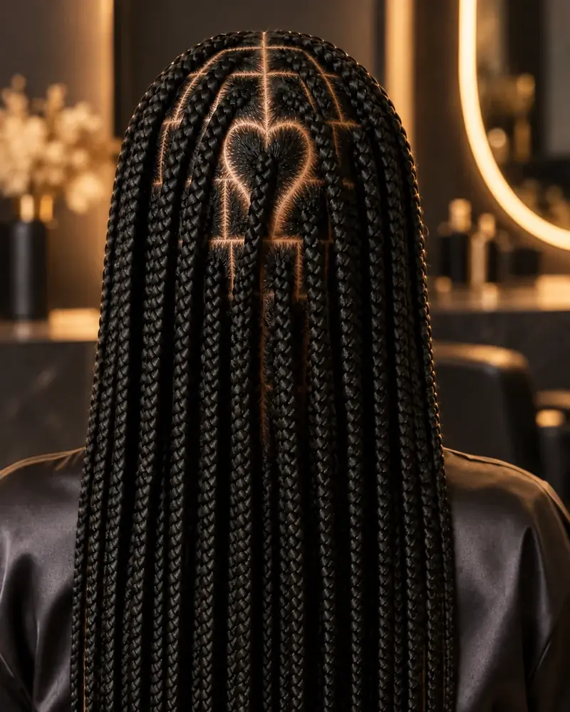Box braids medianas con una partici&oacute;n de coraz&oacute;n visible junto a la coronilla