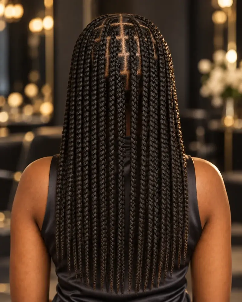 Box braids medianas con particiones cuadradas vistas desde atr&aacute;s