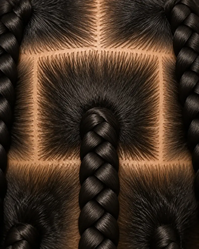 Primer plano de una box braid tradicional con base compacta y grosor completo desde la ra&iacute;z