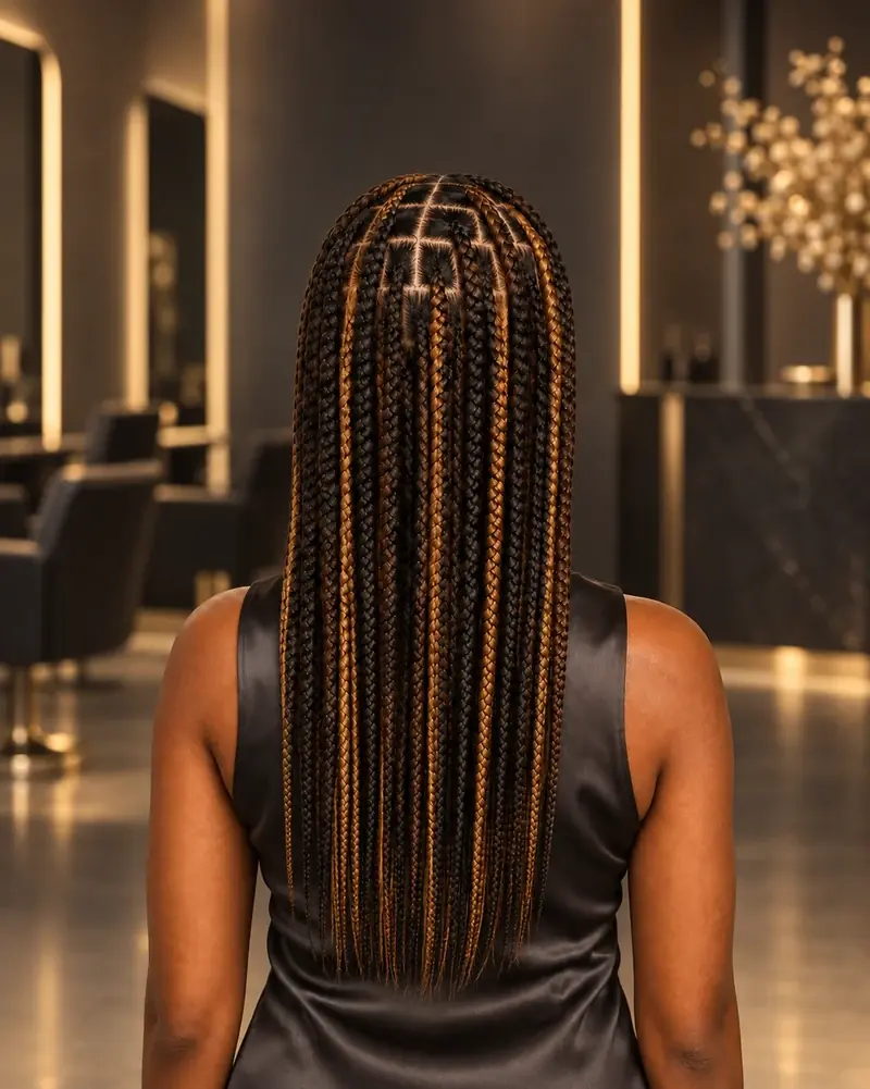 Box braids casta&ntilde;o oscuro con trenzas color miel intercaladas como puntos de luz.