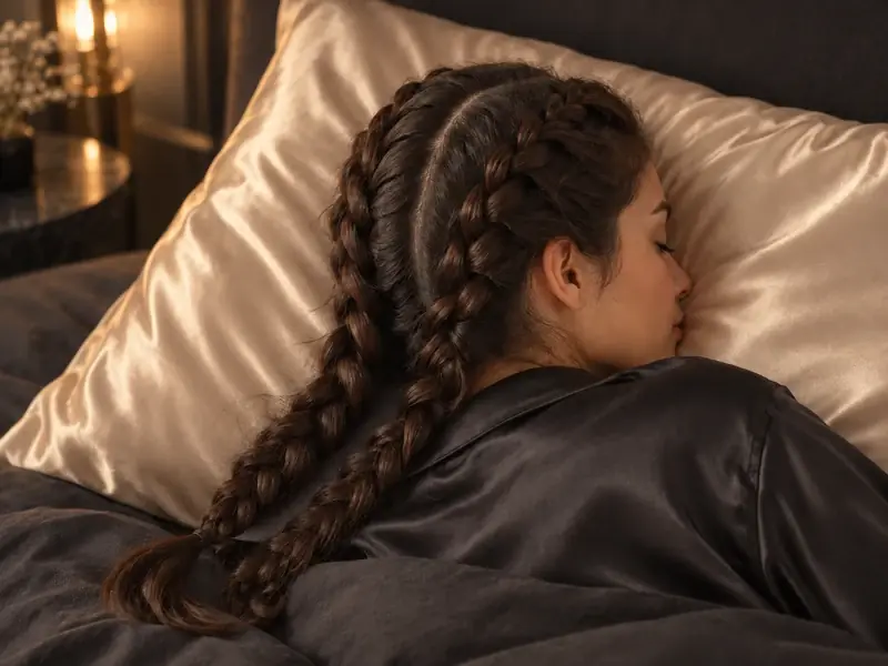 Mujer con dos trenzas descansando sobre una almohada de sat&eacute;n