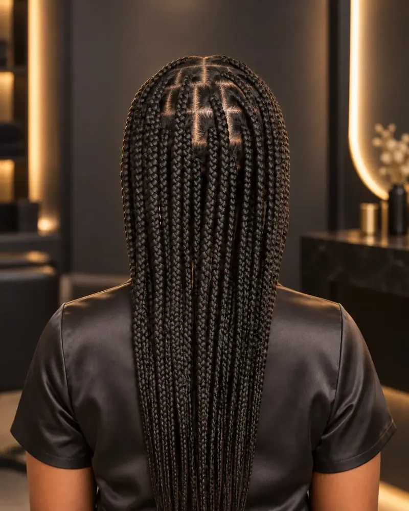 Box braids medianas vistas desde atr&aacute;s, con crecimiento natural visible en las ra&iacute;ces.