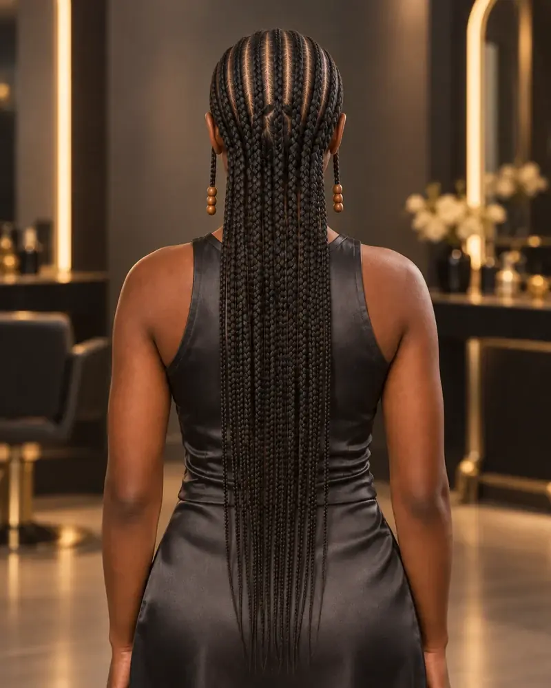 Trenzas Fulani con cornrows rectas, largos sueltos y dos trenzas laterales con cuentas