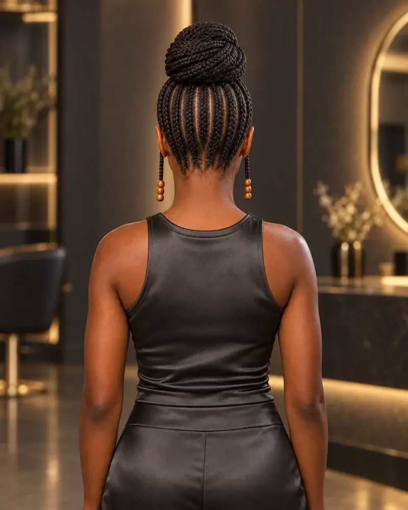 Trenzas Fulani con cornrows recogidas en un mo&ntilde;o alto y dos trenzas laterales con cuentas