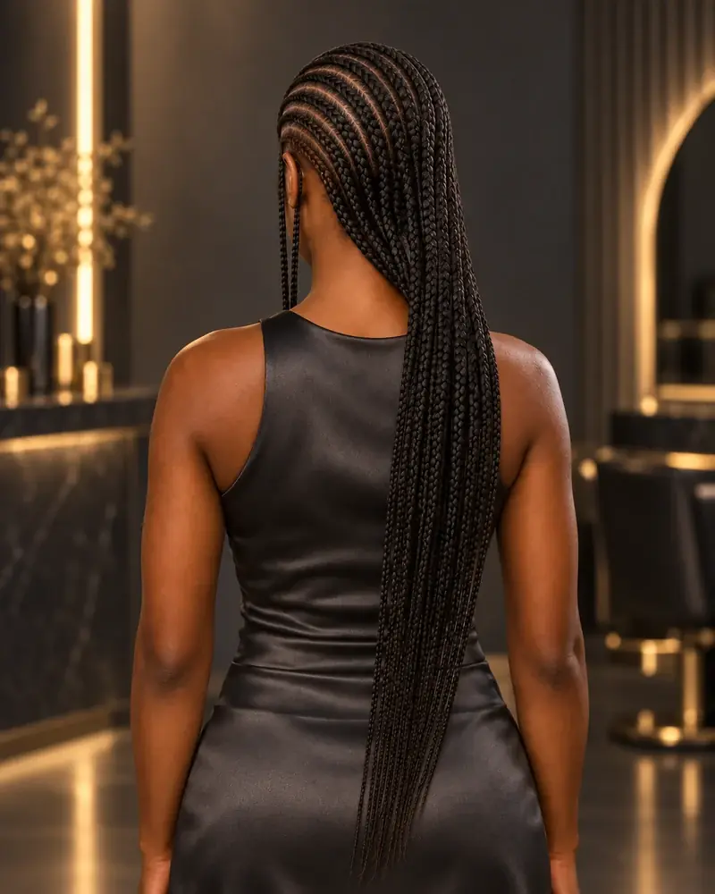 Trenzas Fulani con cornrows diagonales y largos sueltos peinados hacia un hombro