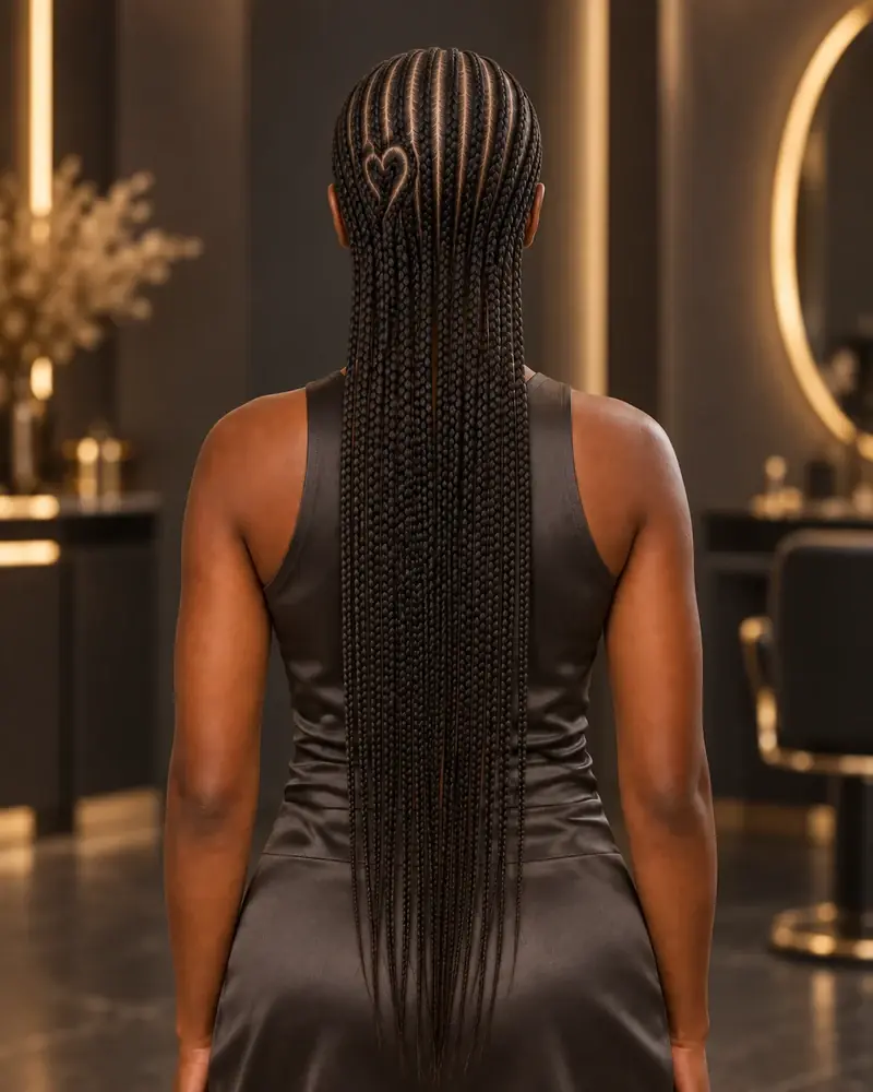 Trenzas Fulani contempor&aacute;neas con cornrows rectas, un coraz&oacute;n peque&ntilde;o y largos sueltos