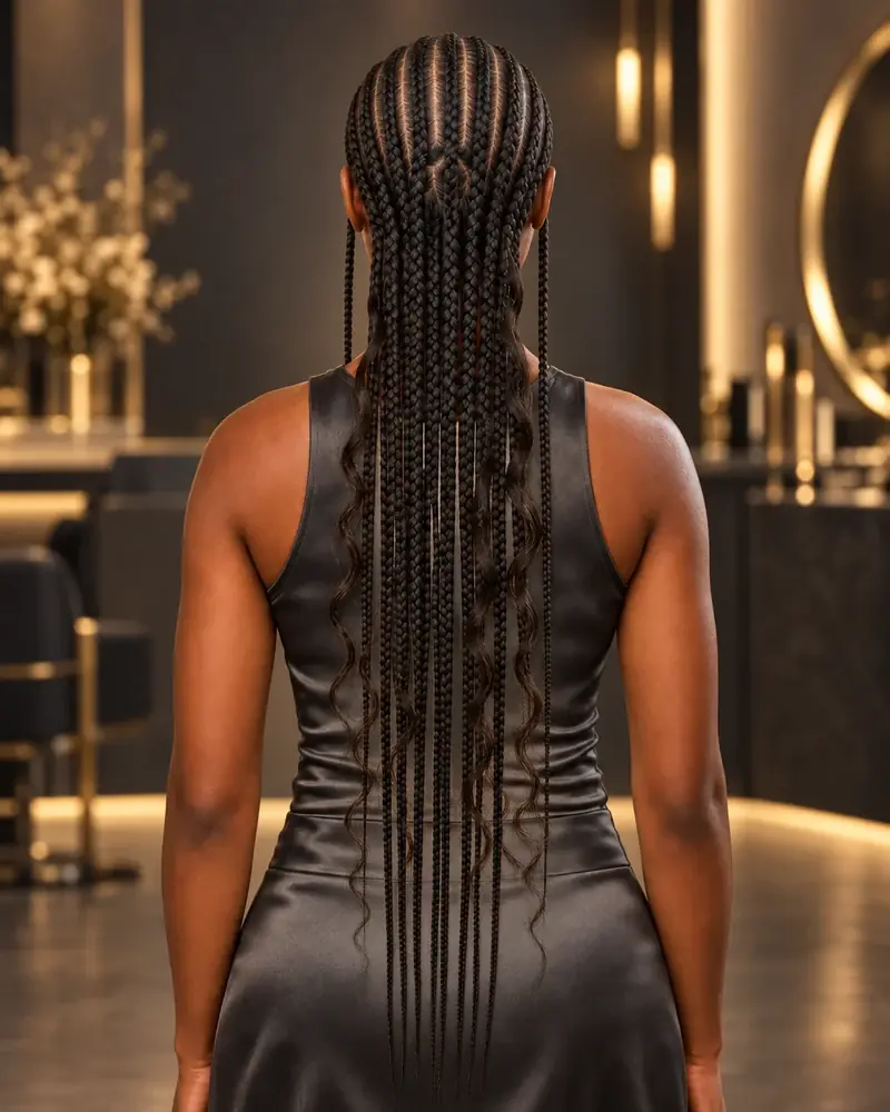 Boho Fulani con cornrows superiores, largos trenzados y ondas sueltas a distintas alturas