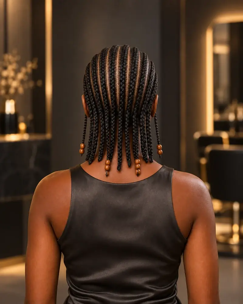 Fulani bob con cornrows superiores, largos cortos y cuatro trenzas rematadas con cuentas