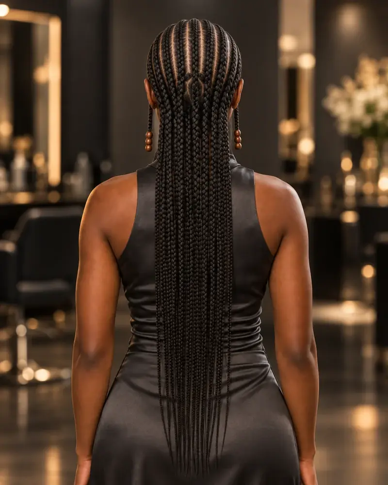 Fulani braids con cornrows superiores, largos sueltos y detalles laterales con cuentas