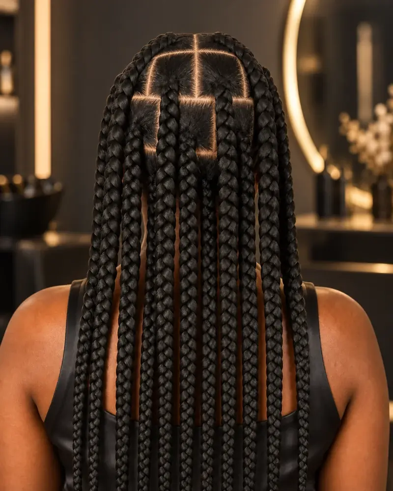 Vista trasera de knotless jumbo: pocas trenzas muy gruesas que caen rectas desde particiones cuadradas grandes