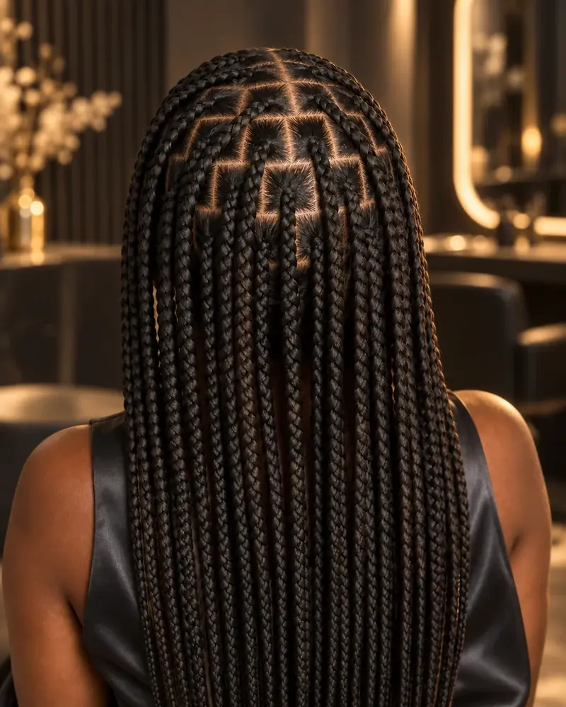 Knotless braids medianas vistas desde atr&aacute;s, con ra&iacute;ces planas y particiones cuadradas en filas desplazadas que forman un patr&oacute;n de ladrillo