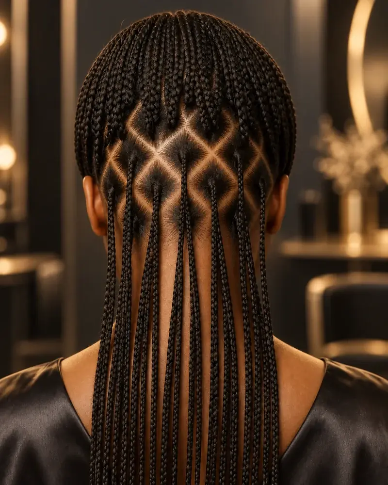 Nuca con knotless braids finas y particiones en forma de rombo