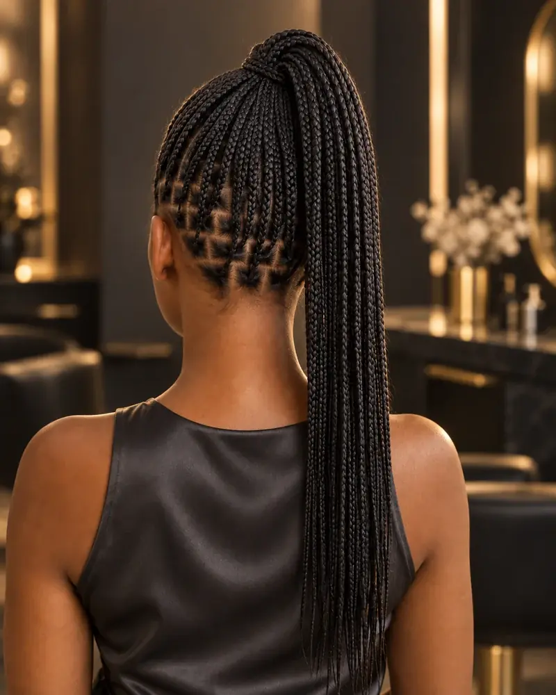 Knotless braids medianas recogidas en una coleta alta con ra&iacute;ces planas visibles