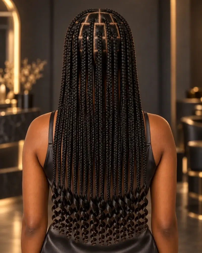 Knotless braids con largos trenzados y puntas amplias de rizo French curl