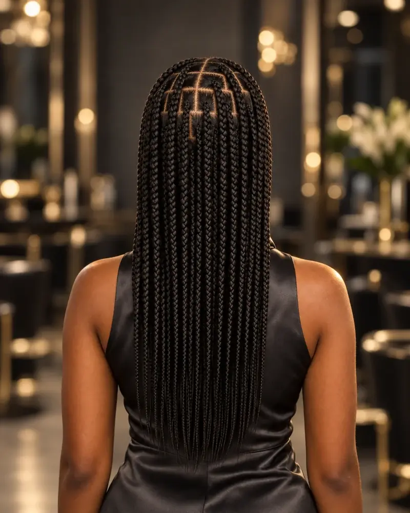 Knotless box braids largas con ra&iacute;z plana y particiones cuadradas
