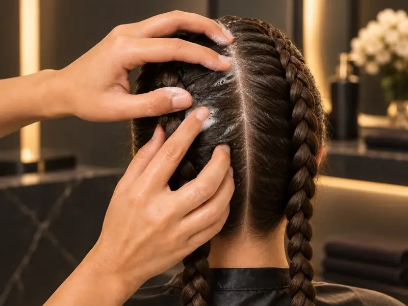 Yemas de los dedos masajeando con suavidad la raya entre dos trenzas de ra&iacute;z