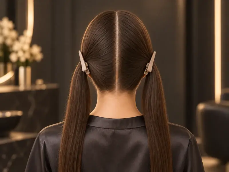 Raya central que divide el cabello en dos mitades sujetas con pinzas