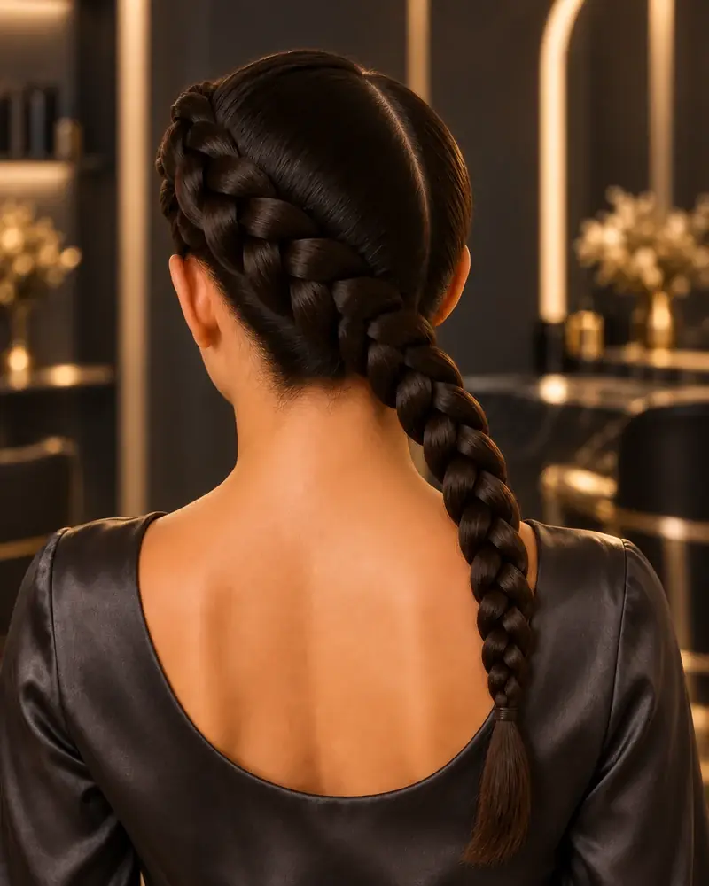 Trenza holandesa lateral que cruza en diagonal la parte posterior de la cabeza