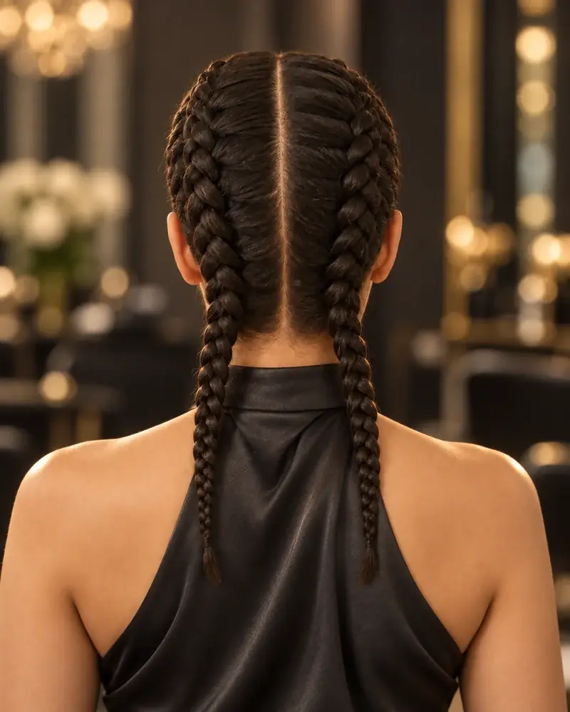 Dos trenzas de ra&iacute;z holandesas sim&eacute;tricas vistas desde atr&aacute;s