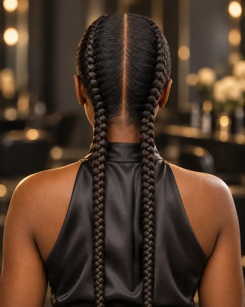 Dos trenzas feed-in largas con crecimiento progresivo del grosor